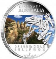Silver coin Australia KM# 1706 DISCOVER. AUSTRALIA. 2012. WR. GREEN & GOLD BELLFROG. P. 1oz 999 SILVER.