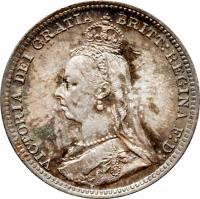 obverse of 3 Pence - Victoria - Maundy Coinage; 2'nd Portrait (1887 - 1893) coin with KM# 758 from United Kingdom. Inscription: VICTORIA DEI GRATIA BRITT:REGINA F:D: