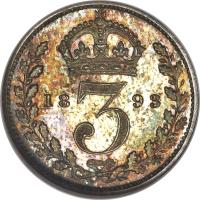 United Kingdom coin 3 Pence - Victoria - Maundy Coinage; 3'rd Portrait (1893 - 1901) reverse reverse of 3 Pence - Victoria - Maundy Coinage; 3'rd Portrait (1893 - 1901) coin with KM# 777 from United Kingdom. Inscription: 18 3 93