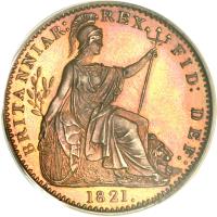 reverse of 1 Farthing - George IV (1821 - 1826) coin with KM# 677 from United Kingdom. Inscription: BRITANNIAR: REX FID: DEF: 1821.