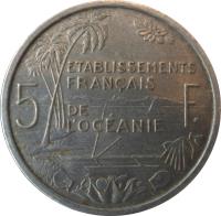 reverse of 5 Francs (1952) coin with KM# 4 from French Oceania. Inscription: ETABLISSEMENTS FRANÇAIS DE L'OCÉANIE 5 F.