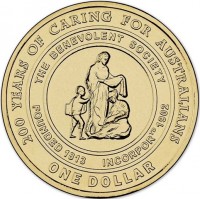 Aluminium Bronze coin Australia KM# 1968 200 YEARS OF CARING FOR AUSTRALIANS. THE BENEVOLENT SOCIETY. FOUNDED 1813 INCORPORTD 1902. ONE DOLLAR.