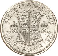 United Kingdom coin 1/2 Crown - George VI (1937 - 1946) reverse reverse of 1/2 Crown - George VI (1937 - 1946) coin with KM# 856 from United Kingdom. Inscription: FID:DEF IND:IMP HALF CROWN 1937 GG GG K G