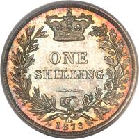 United Kingdom coin 1 Shilling - Victoria - 1'st Portrait (1838 - 1887) reverse reverse of 1 Shilling - Victoria - 1'st Portrait (1838 - 1887) coin with KM# 734 from United Kingdom. Inscription: ONE SHILLING 1869