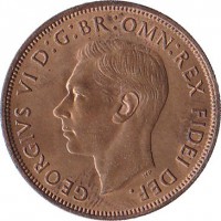 United Kingdom coin 1 Penny - George VI - Without IND:IMP (1949 - 1952) obverse obverse of 1 Penny - George VI - Without IND:IMP (1949 - 1952) coin with KM# 869 from United Kingdom. Inscription: GEORGIUS VI D:G:BR:OMN:REX FIDEI DEF.
