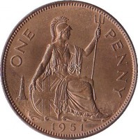 reverse of 1 Penny - George VI - Without IND:IMP (1949 - 1952) coin with KM# 869 from United Kingdom. Inscription: ONE PENNY 1950