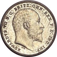 obverse of 3 Pence - Edward VII - Maundy Coinage (1902 - 1910) coin with KM# 797 from United Kingdom. Inscription: EDWARDVS VII D:G: BRITT:OMN:REX F:D: IND: IMP: