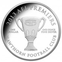 Silver coin Australia 2013 AFL PREMIERS. ONE DOLLAR. ONE OUNCE FINE SILVER. AUSTRALIAN FOOTBALL LEAGUE 2013 PREMIERSHIP CUP. HAWTHORN FOOTBALL CLUB.