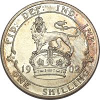 United Kingdom coin 1 Shilling - Edward VII (1902 - 1910) reverse reverse of 1 Shilling - Edward VII (1902 - 1910) coin with KM# 800 from United Kingdom. Inscription: FID: DEF: IND: IMP: 19 02 ONE SHILLING
