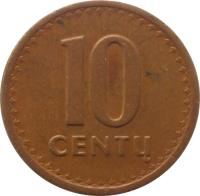 reverse of 10 Centų (1991) coin with KM# 88 from Lithuania. Inscription: 10 CENTŲ