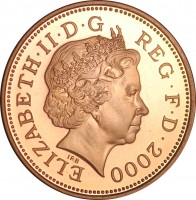 obverse of 2 Pence - Elizabeth II - Non magnetic; 4'th Portrait (1998 - 2004) coin with KM# 987a from United Kingdom. Inscription: ELIZABETH · II · D · G REG · F · D · 2000 IRB