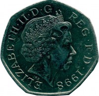 obverse of 50 Pence - Elizabeth II - NHS Anniversary - 4'th Portrait (1998) coin with KM# 996 from United Kingdom. Inscription: ELIZABETH · II · D · G REG · F · D · 1998 IRB