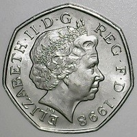 United Kingdom coin 50 Pence - Elizabeth II - NHS Anniversary - 4'th Portrait (1998) obverse obverse of 50 Pence - Elizabeth II - NHS Anniversary - 4'th Portrait (1998) coin with KM# 996 from United Kingdom. Inscription: ELIZABETH · II · D · G REG · F · D · 1998 IRB