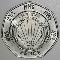 United Kingdom coin 50 Pence - Elizabeth II - NHS Anniversary - 4'th Portrait (1998) reverse reverse of 50 Pence - Elizabeth II - NHS Anniversary - 4'th Portrait (1998) coin with KM# 996 from United Kingdom. Inscription: NHS NHS NHS NHS NHS FIFTIETH ANNIVERSARY 50 PENCE DC