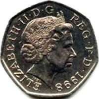 United Kingdom coin 50 Pence - Elizabeth II - European Union - 4'th Portrait (1998) obverse obverse of 50 Pence - Elizabeth II - European Union - 4'th Portrait (1998) coin with KM# 992 from United Kingdom. Inscription: ELIZABETH · II · D · G REG · F · D · 1998 IRB