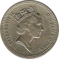 United Kingdom coin 1 Pound - Elizabeth II - Royal Shield - 3'rd Portrait (1988) obverse obverse of 1 Pound - Elizabeth II - Royal Shield - 3'rd Portrait (1988) coin with KM# 954 from United Kingdom. Inscription: ELIZABETH II D · G · REG · F · D · 1988 RDM