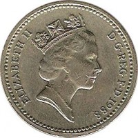 obverse of 1 Pound - Elizabeth II - Royal Shield - 3'rd Portrait (1988) coin with KM# 954 from United Kingdom. Inscription: ELIZABETH II D · G · REG · F · D · 1988 RDM