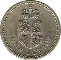 United Kingdom coin 1 Pound - Elizabeth II - Royal Shield - 3'rd Portrait (1988) reverse reverse of 1 Pound - Elizabeth II - Royal Shield - 3'rd Portrait (1988) coin with KM# 954 from United Kingdom. Inscription: ONE POUND