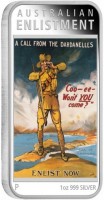 AUSTRALIAN. ENLISTMENT. A CALL FROM THE DARDANELLES. Coo-ee-Won't You come?. ENLIST NOW. P 1oz 999 SILVER.