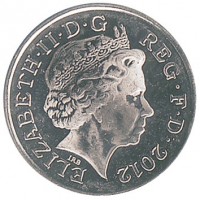United Kingdom coin 5 Pence - Elizabeth II - Magnetic; 4'th Portrait (2011 - 2015) obverse obverse of 5 Pence - Elizabeth II - Magnetic; 4'th Portrait (2011 - 2015) coin with KM# 1109d from United Kingdom. Inscription: ELIZABETH · II · D · G REG · F · D · 2012 IRB