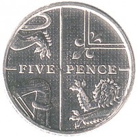 reverse of 5 Pence - Elizabeth II - Magnetic; 4'th Portrait (2011 - 2015) coin with KM# 1109d from United Kingdom. Inscription: FIVE PENCE