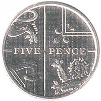 United Kingdom coin 5 Pence - Elizabeth II - Magnetic; 4'th Portrait (2011 - 2015) reverse reverse of 5 Pence - Elizabeth II - Magnetic; 4'th Portrait (2011 - 2015) coin with KM# 1109d from United Kingdom. Inscription: FIVE PENCE