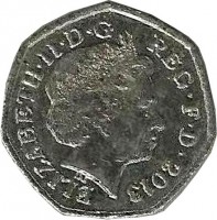 United Kingdom coin 50 Pence - Elizabeth II - 100th Anniversary of the Birth of Christopher Ironside - 4'th Portrait (2013) obverse obverse of 50 Pence - Elizabeth II - 100th Anniversary of the Birth of Christopher Ironside - 4'th Portrait (2013) coin with KM# 1246 from United Kingdom. Inscription: ELIZABETH · II · D · G REG · F · D · 2013 IRB