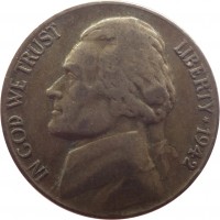 obverse of 5 Cents - Jefferson Wartime Nickel; 1'st Portrait (1942 - 1945) coin with KM# 192a from United States. Inscription: IN GOD WE TRUST LIBERTY*1943 FS