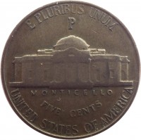 United States coin 5 Cents - Jefferson Wartime Nickel; 1'st Portrait (1942 - 1945) reverse reverse of 5 Cents - Jefferson Wartime Nickel; 1'st Portrait (1942 - 1945) coin with KM# 192a from United States. Inscription: E PLURIBUS UNUM P MONTICELLO FIVE CENTS UNITED STATES OF AMERICA
