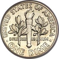 reverse of 1 Dime - Roosevelt Silver Dime (1946 - 1964) coin with KM# 195 from United States. Inscription: E · PLU RIB US · U NUM UNITED STATES OF AMERICA · ONE DIME ·