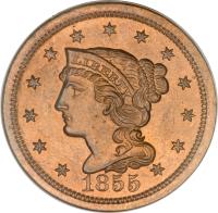 obverse of 1 Cent - Braided Hair Cent (1839 - 1857) coin with KM# 67 from United States. Inscription: LIBERTY 1855