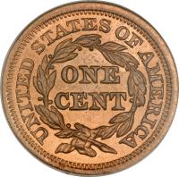 reverse of 1 Cent - Braided Hair Cent (1839 - 1857) coin with KM# 67 from United States. Inscription: UNITED STATES OF AMERICA ONE CENT