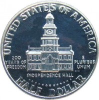 United States coin 1/2 Dollar - Bicentennial - Kennedy Half Dollar (1976) reverse reverse of 1/2 Dollar - Bicentennial - Kennedy Half Dollar (1976) coin with KM# 205 from United States. Inscription: UNITED STATES OF AMERICA 200 YEARS OF REEDOM E PLURIBUS UNUM SGH INDEPENDENCE HALL HALF DOLLAR