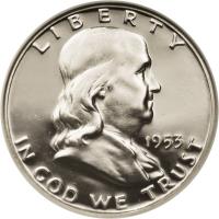 obverse of 1/2 Dollar - Franklin Half Dollar (1948 - 1963) coin with KM# 199 from United States. Inscription: LIBERTY 1953 IN GOD WE TRUST