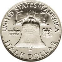 United States coin 1/2 Dollar - Franklin Half Dollar (1948 - 1963) reverse reverse of 1/2 Dollar - Franklin Half Dollar (1948 - 1963) coin with KM# 199 from United States. Inscription: UNITED STATES OF AMERICA · E · PLURIBUS UNUM HALF DOLLAR