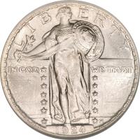 obverse of 1/4 Dollar - Standing Liberty Quarter; Breast covered (1917 - 1930) coin with KM# 145 from United States. Inscription: LIBERTY IN GOD WE TRVST 1924 M