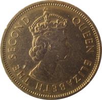 obverse of 10 Cents - Elizabeth II - 1'st Portrait (1955 - 1980) coin with KM# 28 from Hong Kong. Inscription: QUEEN ELIZABETH THE SECOND