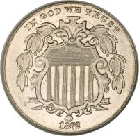 obverse of 5 Cents - Union Shield; Without rays (1867 - 1883) coin with KM# 97 from United States. Inscription: IN GOD WE TRUST 1872