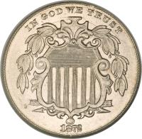 United States coin 5 Cents - Union Shield; Without rays (1867 - 1883) obverse obverse of 5 Cents - Union Shield; Without rays (1867 - 1883) coin with KM# 97 from United States. Inscription: IN GOD WE TRUST 1872