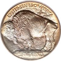 reverse of 5 Cents - Buffalo Nickel; Raised ground (1913) coin with KM# 133 from United States. Inscription: UNITED · STATES · OF · AMERICA E PLURIBUS UNUM FIVE CENTS