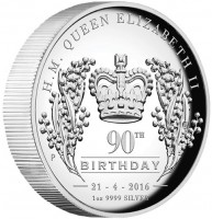 H. M. QUEEN ELIZABETH II. 90TH. P NM. BIRTHDAY. 21 - 4 - 2016. 1 oz 9999 SILVER.