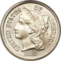 obverse of 3 Cents - Three Cent Nickel (1865 - 1889) coin with KM# 95 from United States. Inscription: UNITED STATES OF AMERICA LIBERTY 1885