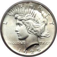 United States coin 1 Dollar - End of World War I - Peace Dollar (1921 - 1935) obverse obverse of 1 Dollar - End of World War I - Peace Dollar (1921 - 1935) coin with KM# 150 from United States. Inscription: LIBERTY IN GOD WE TRVST 1925