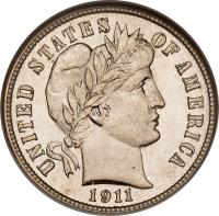 obverse of 1 Dime - Barber Dime (1892 - 1916) coin with KM# 113 from United States. Inscription: UNITED STATES OF AMERICA LIBERTY 1911