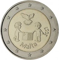 Bi-metallic Nickel-Brass plated Nickel center in Copper-Nickel ring coin Malta KM# 184 Malta 2017.