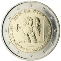 Bi-metallic Nickel-Brass plated Nickel center in Copper-Nickel ring coin Vatican City KM# 495 CITTÀ DEL VATICANO. 2017 R. G. TITOTTO. MOMONI INC. 1950° DEL MARTIRIO DEI SANTI PIETRO E PAOLO.
