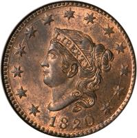 obverse of 1 Cent - Coronet / Matron Cent (1816 - 1836) coin with KM# 45.1 from United States. Inscription: LIBERTY 1820