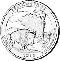 United States coin 1/4 Dollar - Yellowstone, Wyoming - Washington Quarter (2010) reverse reverse of 1/4 Dollar - Yellowstone, Wyoming - Washington Quarter (2010) coin with KM# 470 from United States. Inscription: WYOMING YELLOWSTONE 2010 E PLURIBUS UNUM