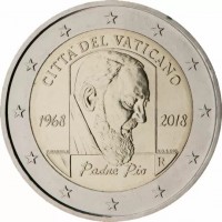 Bi-metallic Nickel-Brass plated Nickel center in Copper-Nickel ring coin Vatican City KM# 506 CITTA'DEL VATICANO. 1968 2018. P. DANIELE VDS INC. Padre Pio. R.