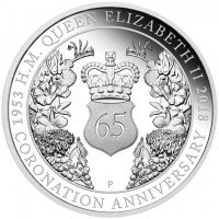 Silver coin Australia KM# 3514 H.M. QUEEN ELIZABETH II. 1953 2018. 65 P NM. CORONATION ANNIVERSARY.
